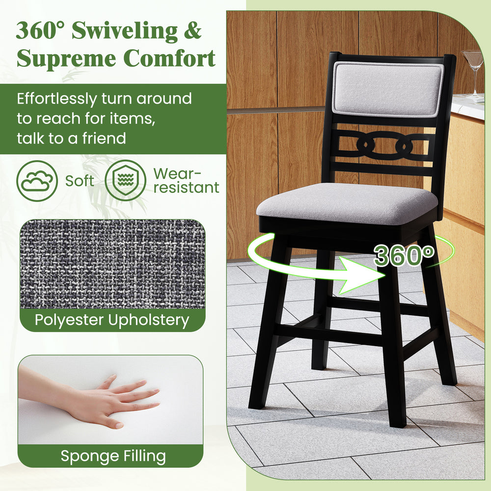 25-inch black bar stool with upholstered backrest, 360° swivel seat, and sturdy rubber wood frame for kitchen islands.