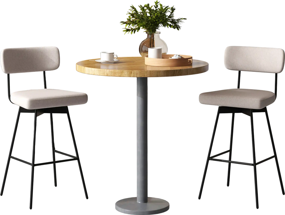 Beige 29-inch counter height upholstered swivel bar stools set of 2 with padded backrest, ideal for dining or kitchen.