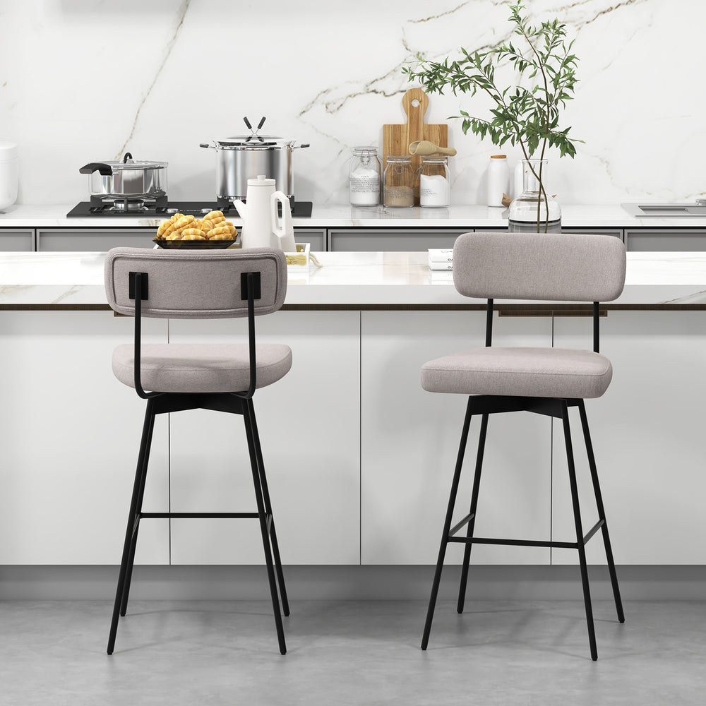 Beige 29-inch swivel bar stool featuring a thick padded backrest and breathable linen upholstery, perfect for kitchen.