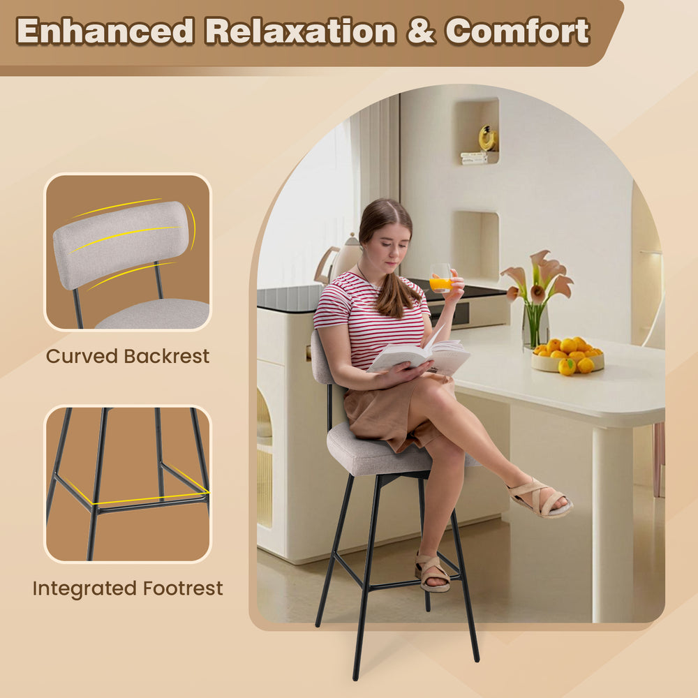 Beige 29-inch upholstered swivel bar stool with curved backrest and integrated footrest, ideal for kitchen or dining.