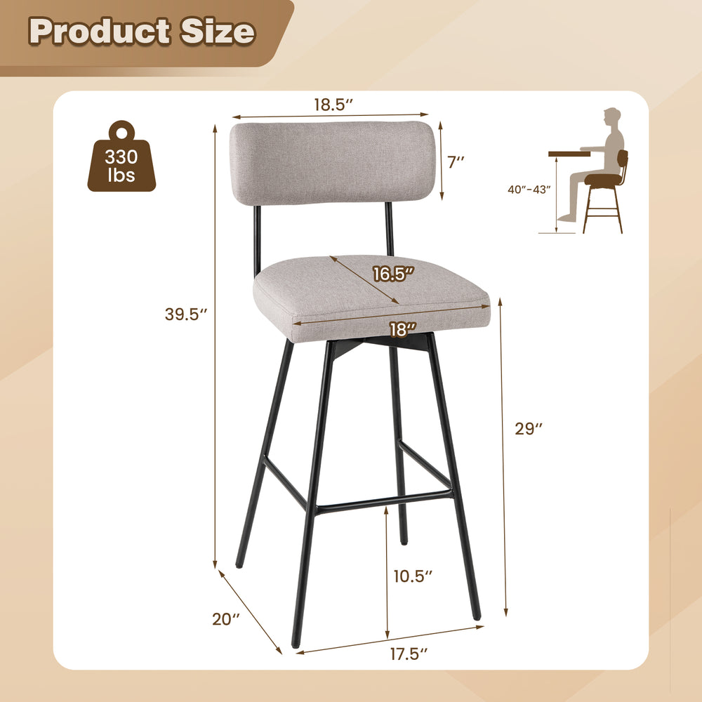 29-inch beige upholstered swivel bar stool with padded backrest and metal frame, ideal for kitchen or dining use.