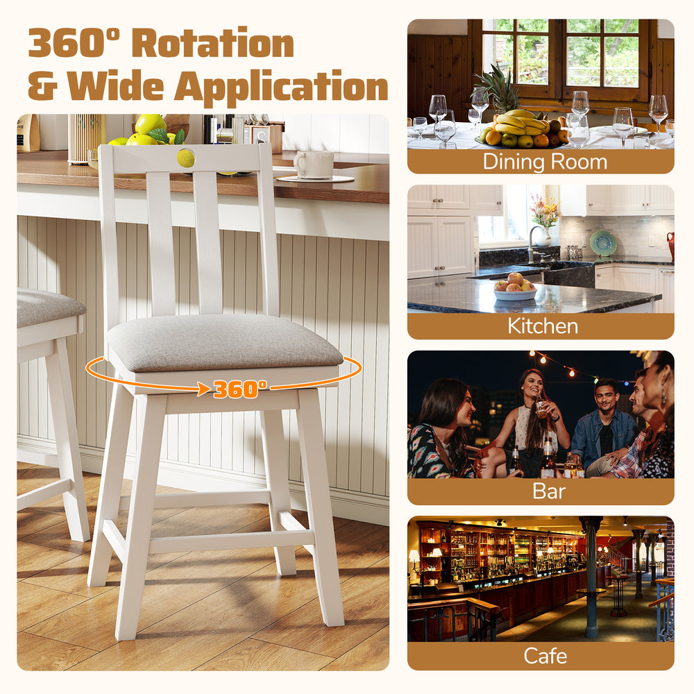 White 25-inch modern bar stool with upholstered seat and 360° rotation, perfect for dining rooms and cafes.