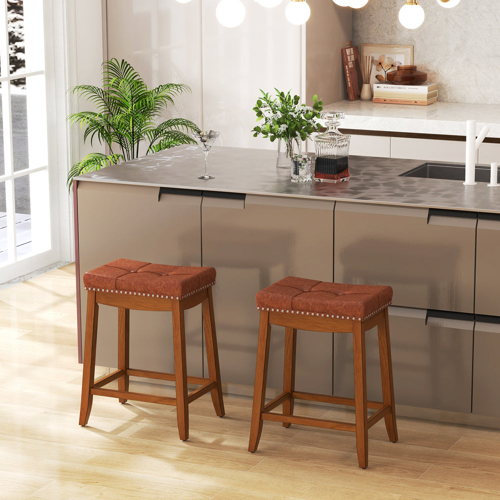 25/29 Inch Set of 2 Upholstered PU Leather Bar Stools with Saddle Seat-25 inches - Gallery View 1 of 8