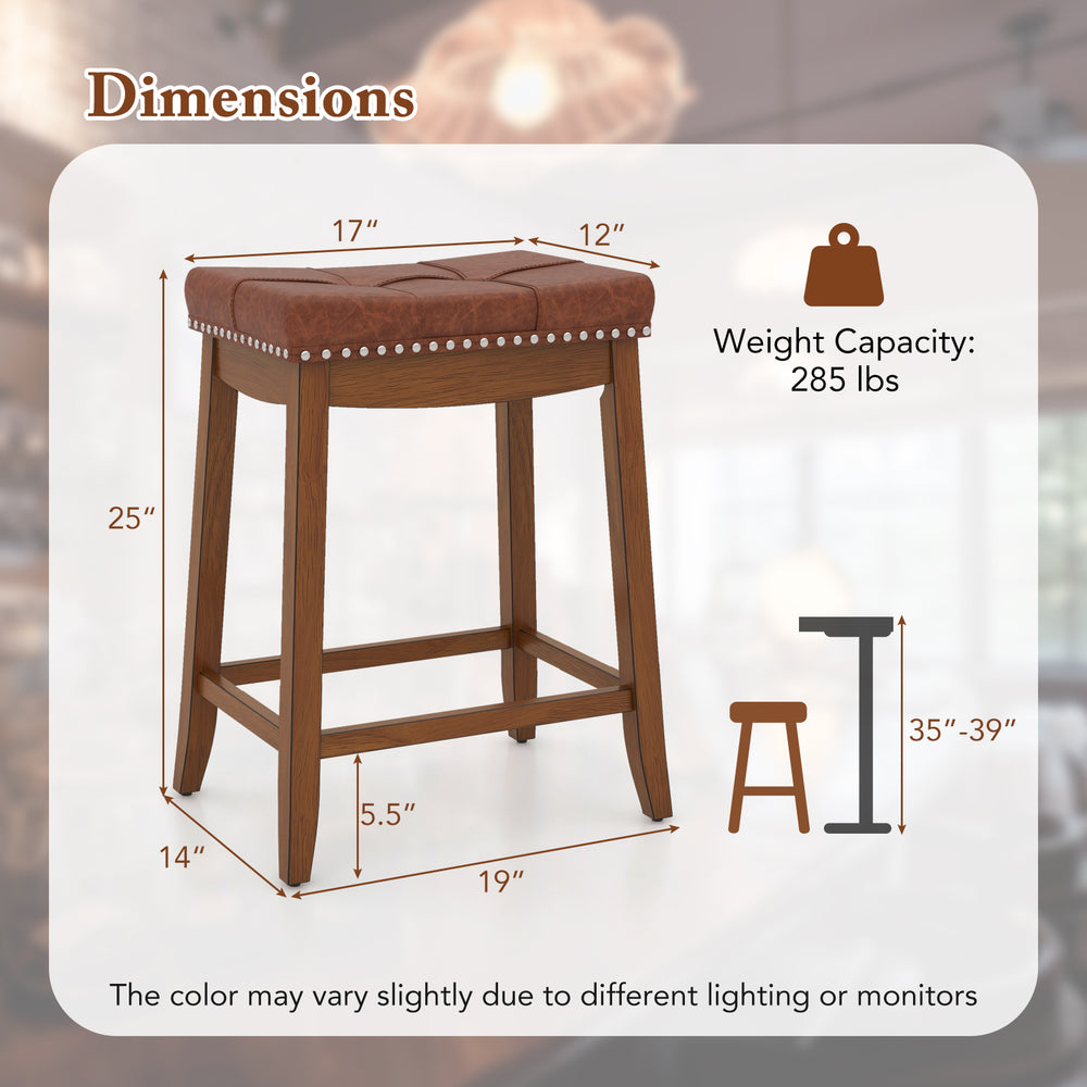 Upholstered PU leather bar stool with saddle seat, 25 inches high, featuring sturdy rubber wood legs and vintage design.