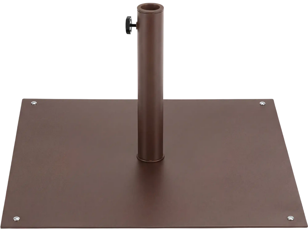 25-inch square brown patio umbrella base made of powder-coated steel, designed for stability on uneven ground.