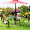 Square patio umbrella base made of powder-coated steel, 42 lbs, designed for stability under outdoor tables.