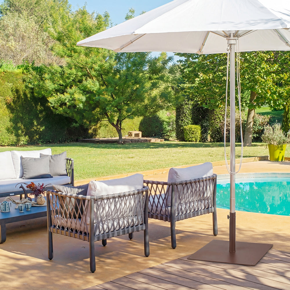 Square 25-inch patio umbrella base in brown, made of powder-coated steel, ideal for stabilizing outdoor umbrellas.