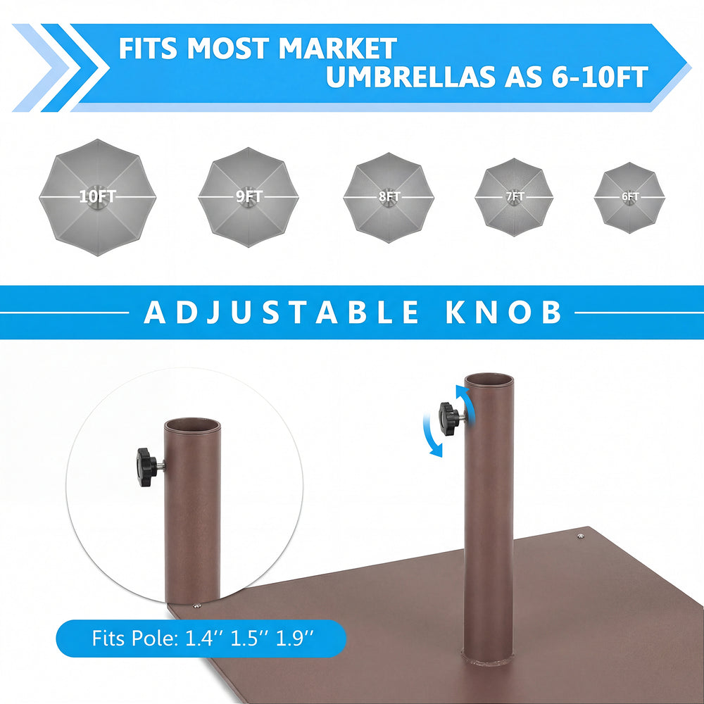 25-inch square patio umbrella base in brown with adjustable knob for securing 1.6"/1.9" poles, ideal for outdoor use.