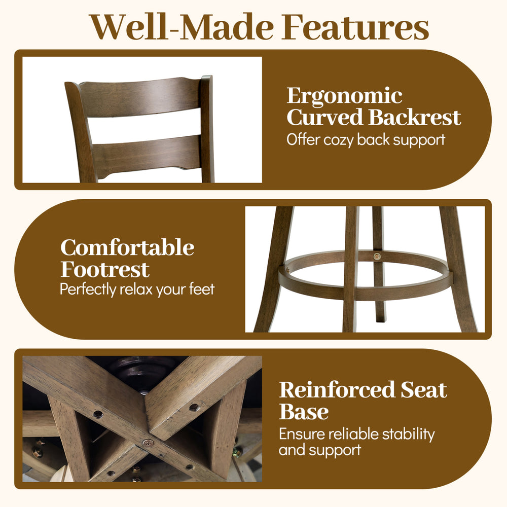 Ergonomic curved backrest and comfortable footrest of 25-inch swivel counter barstool set for kitchen or bar use.
