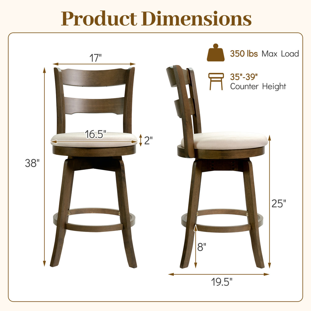 Counter height swivel barstool set with backrest, upholstered seat, and solid rubberwood construction for kitchen use.