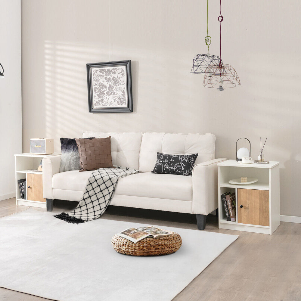 White nightstand with door and open shelves, made of premium wood, ideal for bedroom or living room organization.