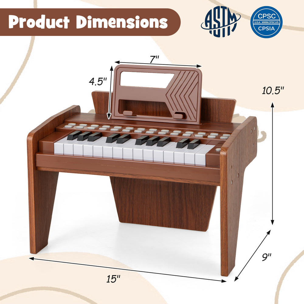 25-key kids piano keyboard in brown, featuring adjustable speed and volume, ideal for toddlers aged 3 and up.