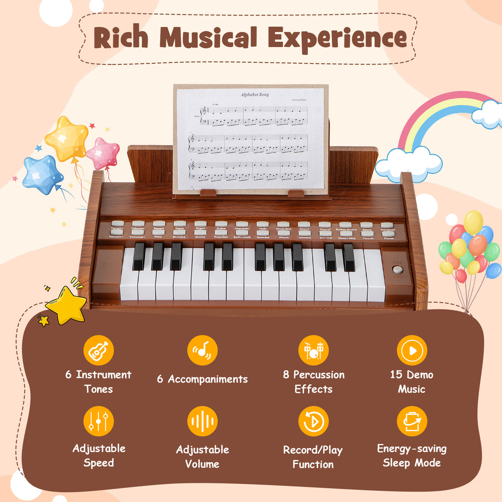 25-key kids piano keyboard in brown with adjustable speed and volume, ideal for toddlers aged 3+ for musical play.