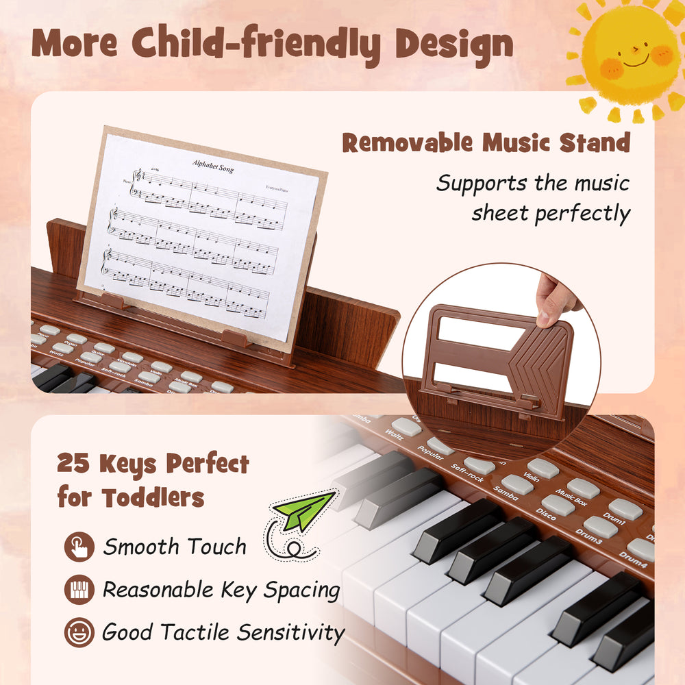 25 keys kids piano keyboard in brown with removable music stand, ideal for toddlers' musical development and safety.