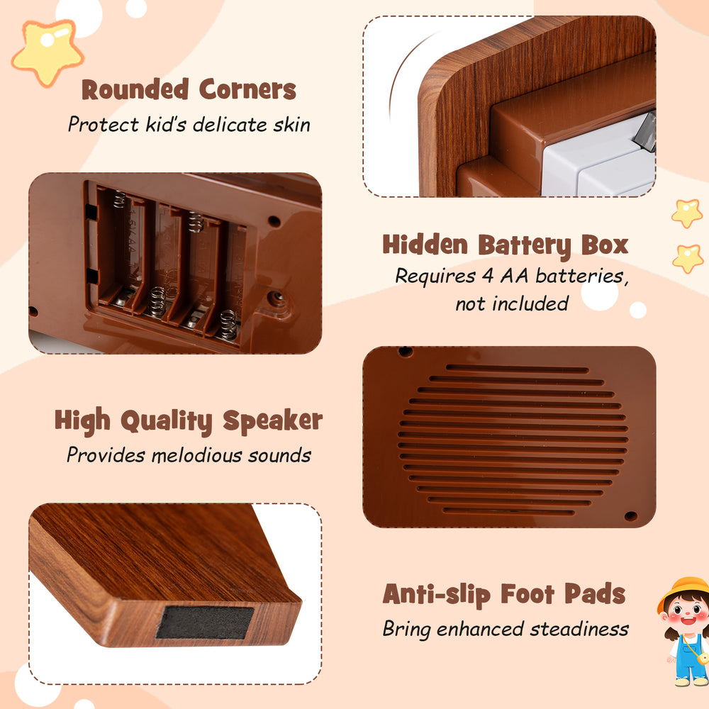 25 keys kids piano keyboard in brown with rounded corners, high-quality speaker, and anti-slip foot pads for stability.