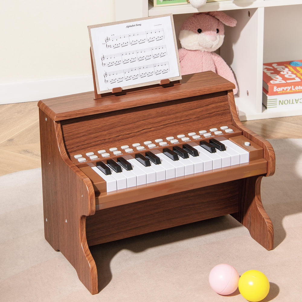 25-key kids piano keyboard in brown with adjustable speed, teaching mode, and sturdy design for toddlers' musical play.