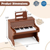 Dimensions of the 25 keys kids piano keyboard in brown, featuring adjustable speed and teaching mode for toddlers.