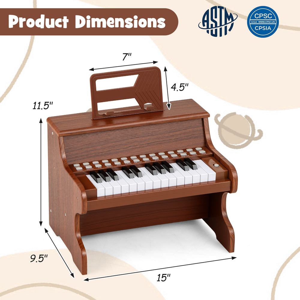 Dimensions of the 25 keys kids piano keyboard in brown, featuring adjustable speed and teaching mode for toddlers.