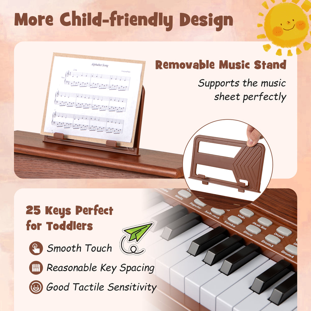 25-key kids piano keyboard in brown with removable music stand, ideal for toddlers' musical development and safe play.