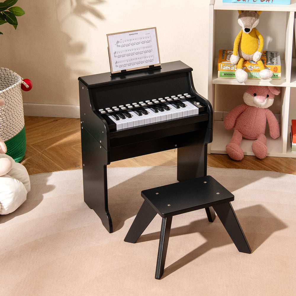 25 Keys Kids Piano Keyboard with Stool Mini Digital Piano Wooden Toy with Adjustable Speed and Volume-Black - Gallery View 1 of 10