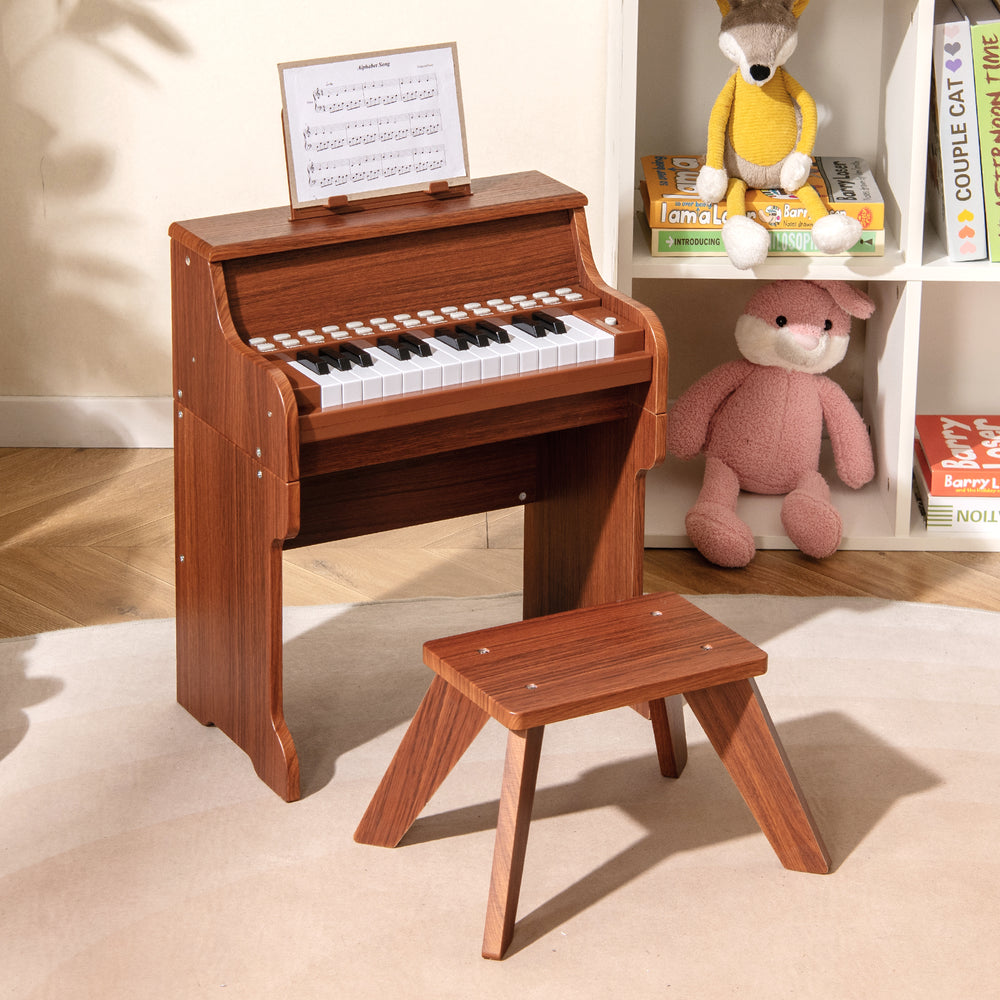 25 Keys Kids Piano Keyboard with Stool Mini Digital Piano Wooden Toy with Adjustable Speed and Volume-Brown - Gallery View 1 of 10