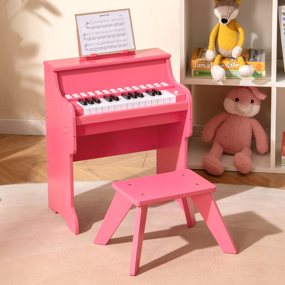 25 Keys Kids Piano Keyboard with Stool Mini Digital Piano Wooden Toy with Adjustable Speed and Volume-Pink - Gallery View 1 of 10