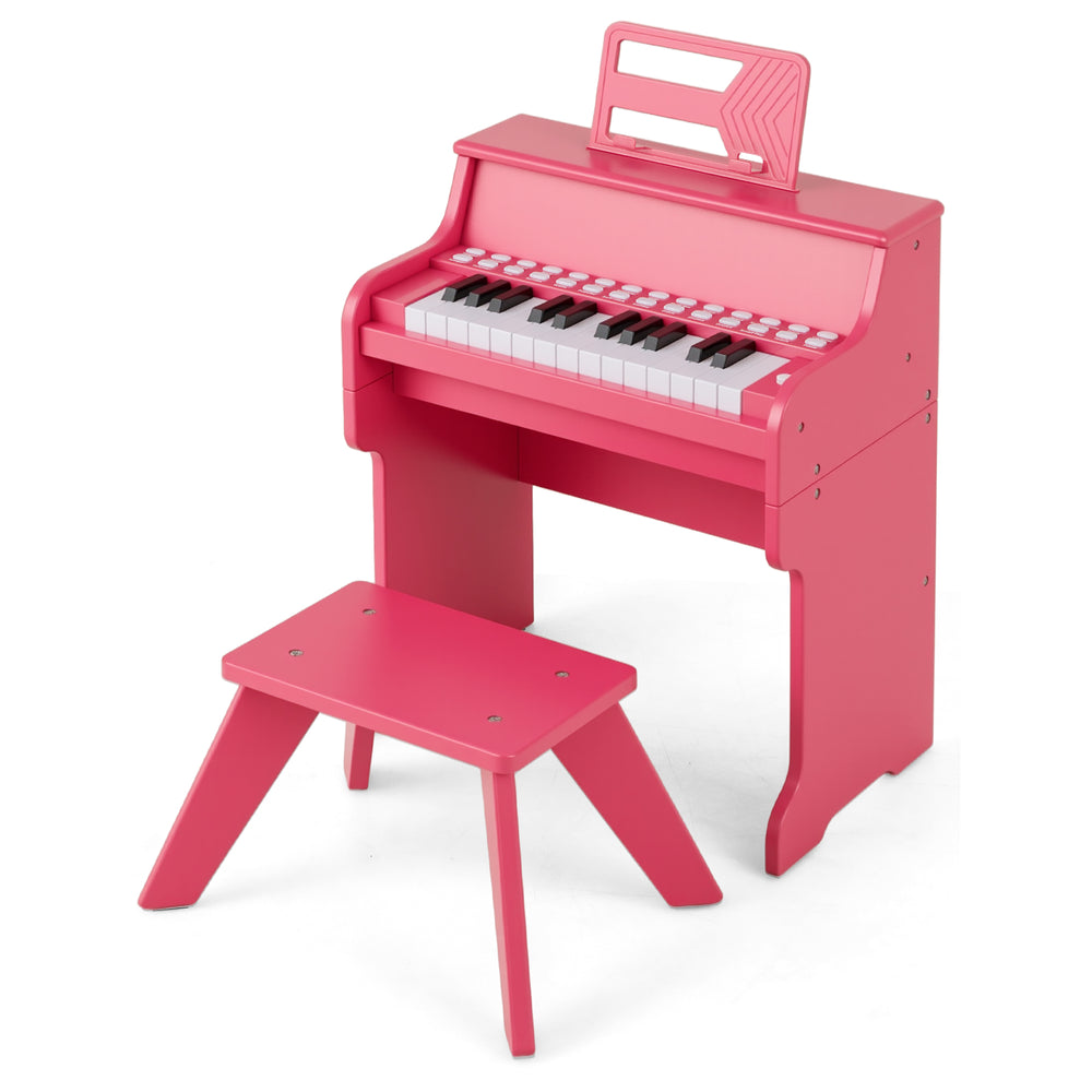 Close-up of the pink 25 keys kids piano keyboard, showcasing the high-quality speaker and rounded corners for safe play.