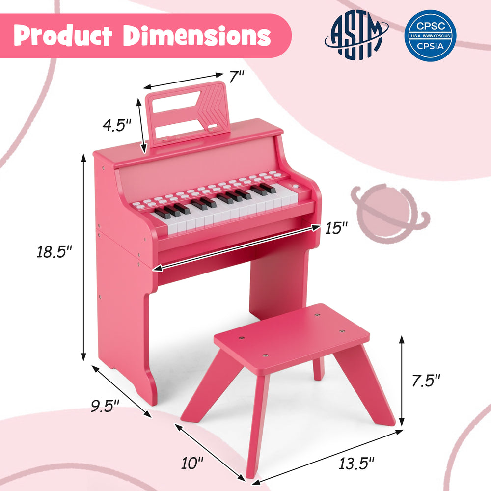 Pink 25 keys kids piano keyboard with stool, featuring adjustable speed and volume, ideal for toddlers aged 3+.