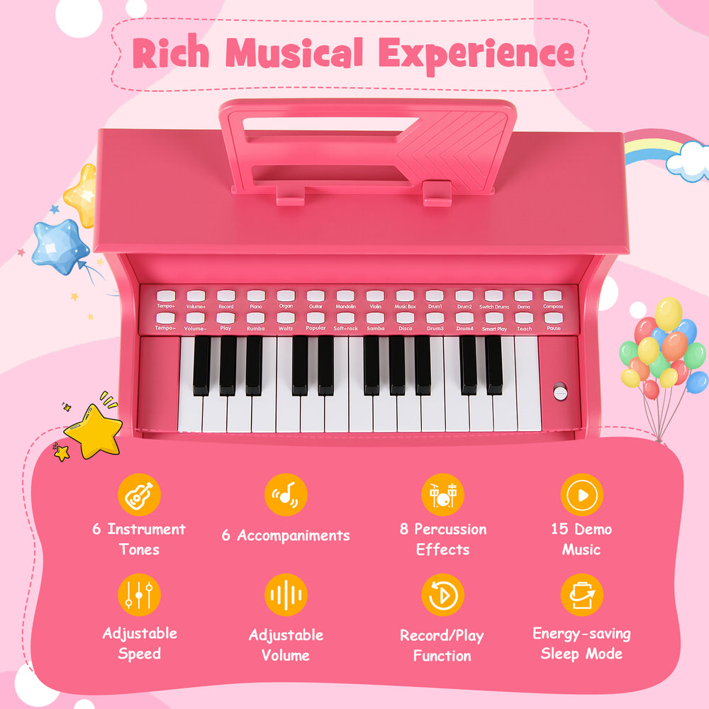 25-key pink kids piano keyboard with stool, adjustable volume and speed, ideal musical toy for toddlers aged 3+.