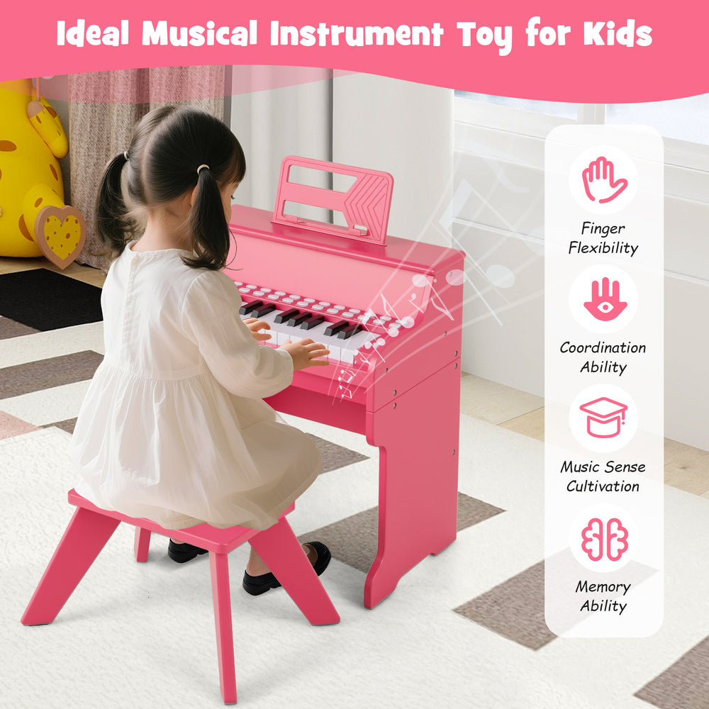 25-key pink kids piano keyboard with stool, designed for toddlers to enhance finger flexibility and coordination skills.