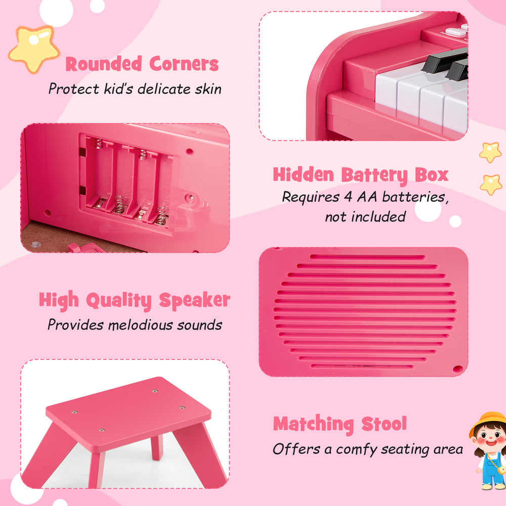 25-key pink kids piano keyboard with matching stool, featuring rounded corners and high-quality speaker for safe play.