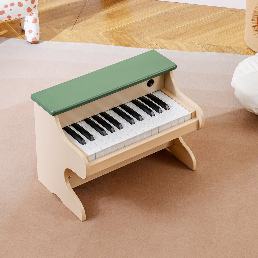 25-key kids piano keyboard in green and beige, designed for safe play and music learning, perfect for imaginative fun.