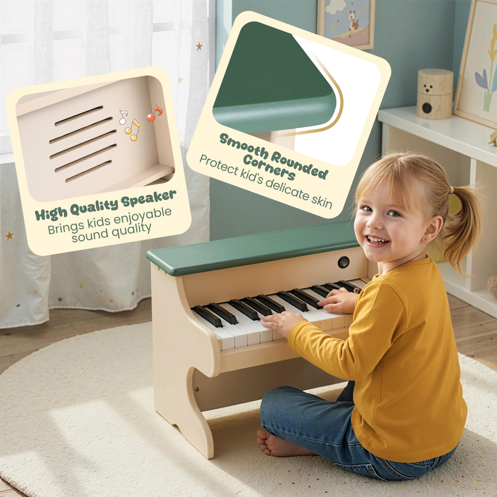 Kids piano keyboard with 25 keys, green top, and rounded corners for safe play, perfect for music learning and.