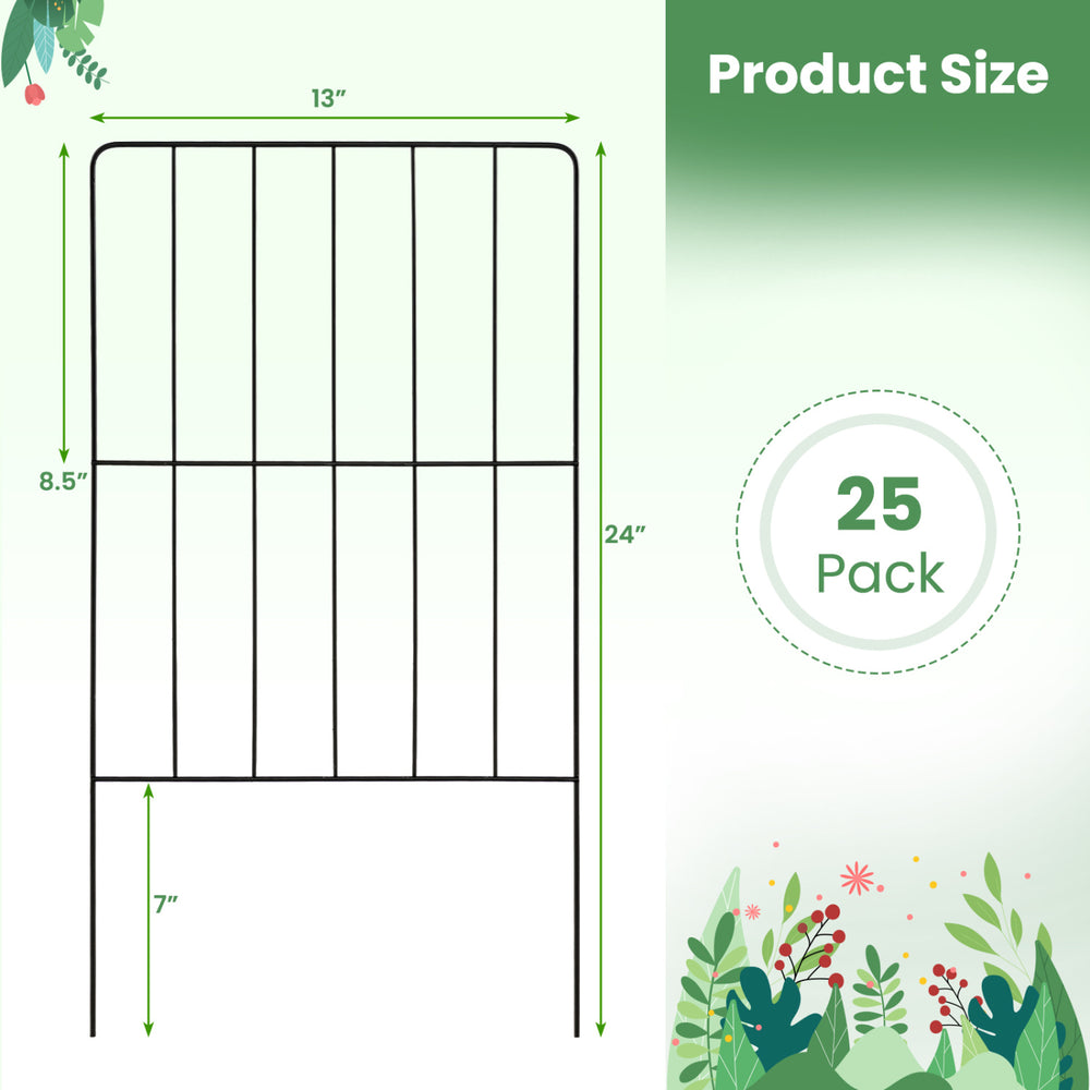 Rustproof decorative garden fence set with a strong metal frame, measuring 24" high, ideal for plant protection and stability.