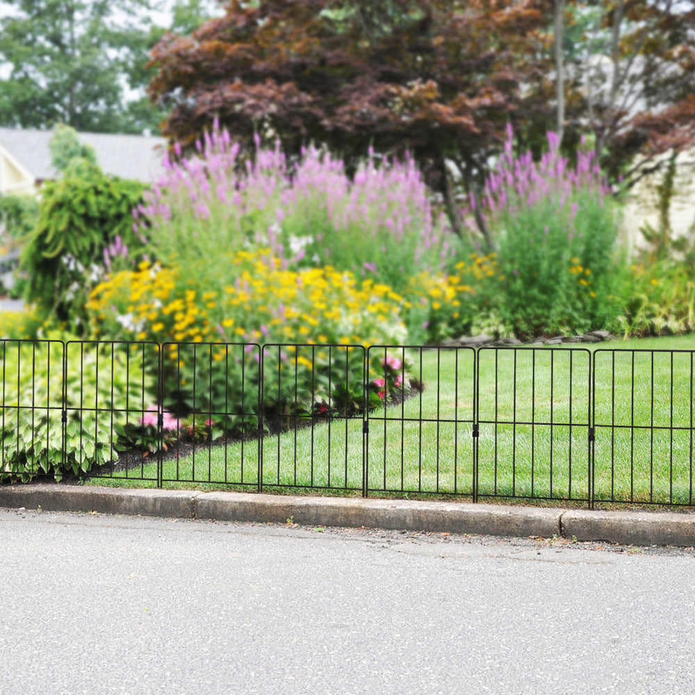 Decorative garden fence set with a strong metal frame, ideal for protecting plants and pets in outdoor spaces.