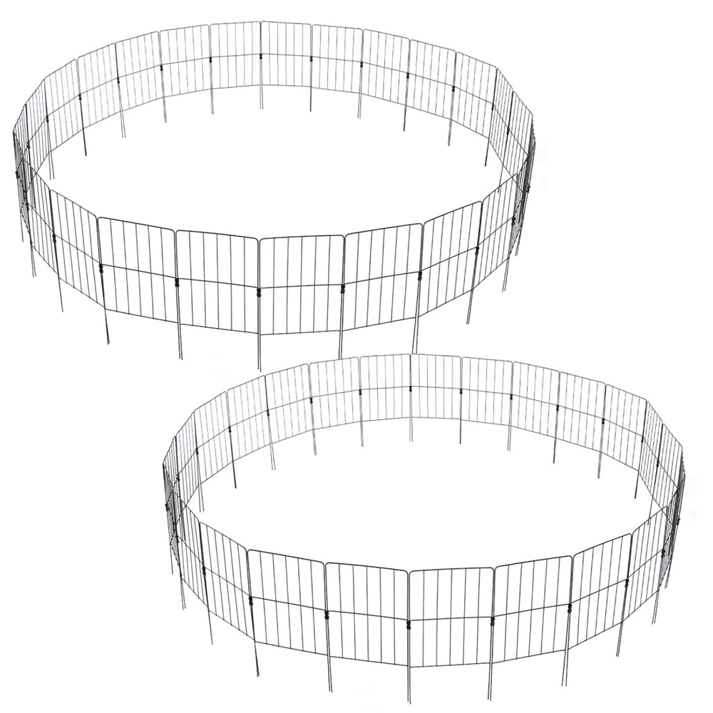 Two sets of rustproof decorative garden fences with strong metal frames, ideal for protecting plants and pets outdoors.