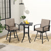 Patio swivel bar set featuring two cushioned chairs and a square table with an umbrella hole, perfect for outdoor gatherings.