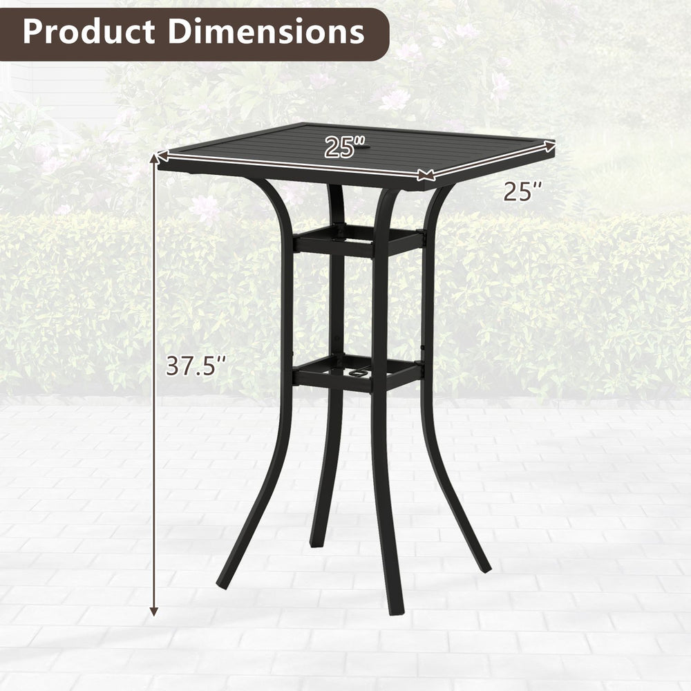 25" square patio dining table with a black metal frame, featuring an umbrella hole, ideal for outdoor gatherings.