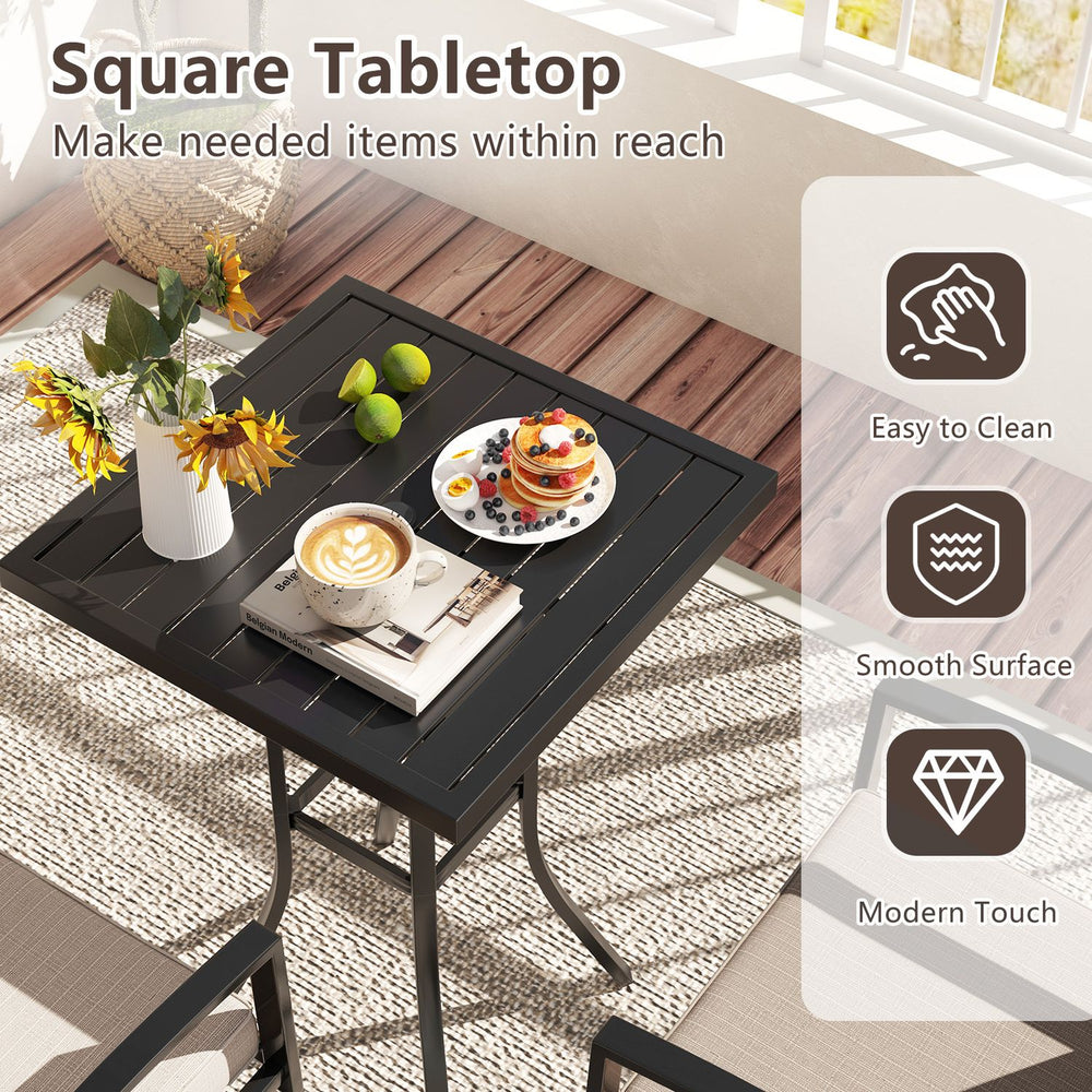 25" square patio dining table with a black metal frame, featuring a smooth surface and umbrella hole for versatile outdoor use.