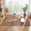 Brown wood grain foam floor mats arranged in a cozy play area with toys and plants, perfect for children's spaces.
