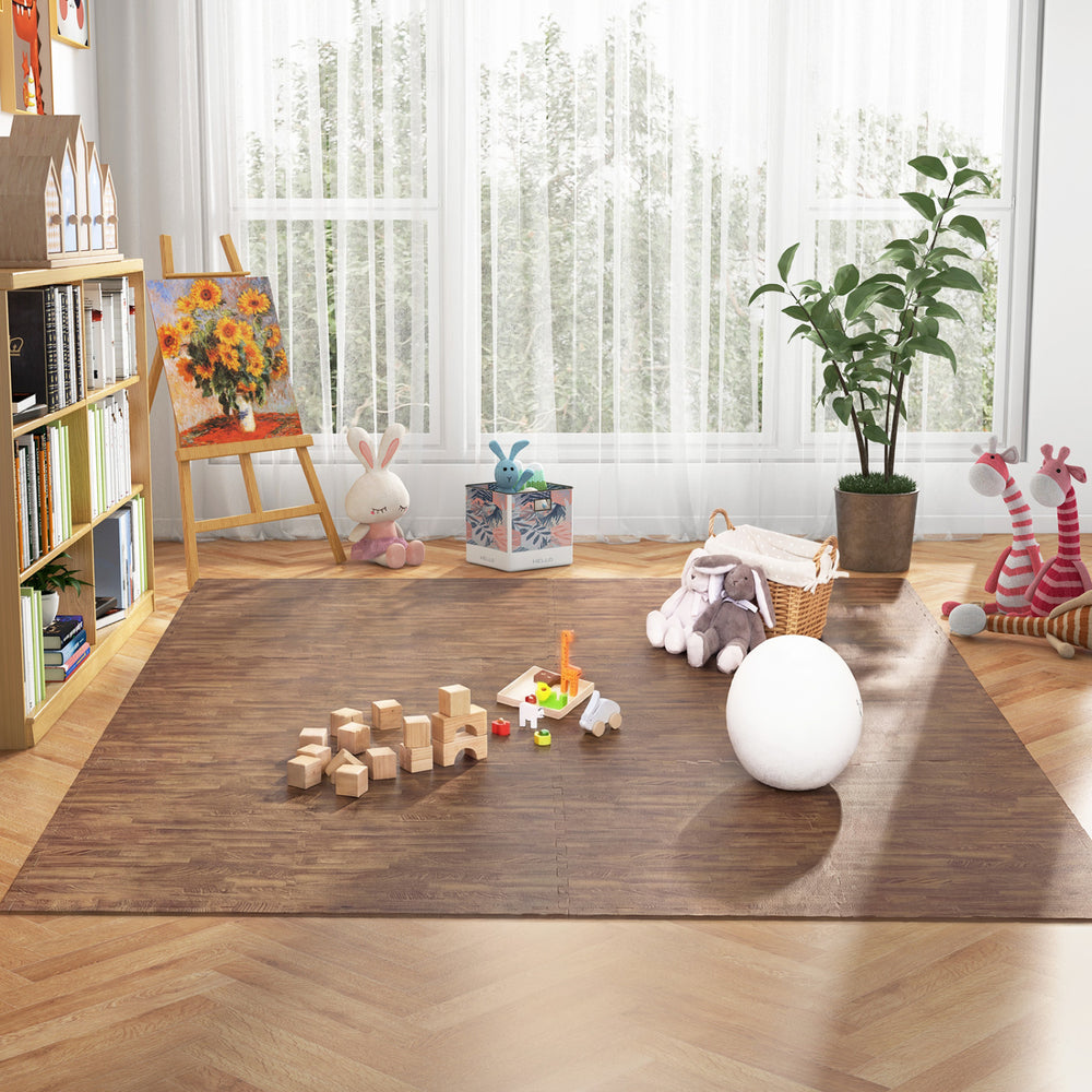 Brown wood grain foam floor mats arranged in a cozy play area with toys and plants, perfect for children's spaces.