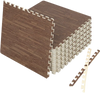 Brown wood grain foam floor mats with borders, featuring interlocking tiles for easy assembly and versatile flooring.