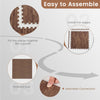 25 tiles of brown wood grain foam floor mats showing assembly steps for easy installation and seamless connection.