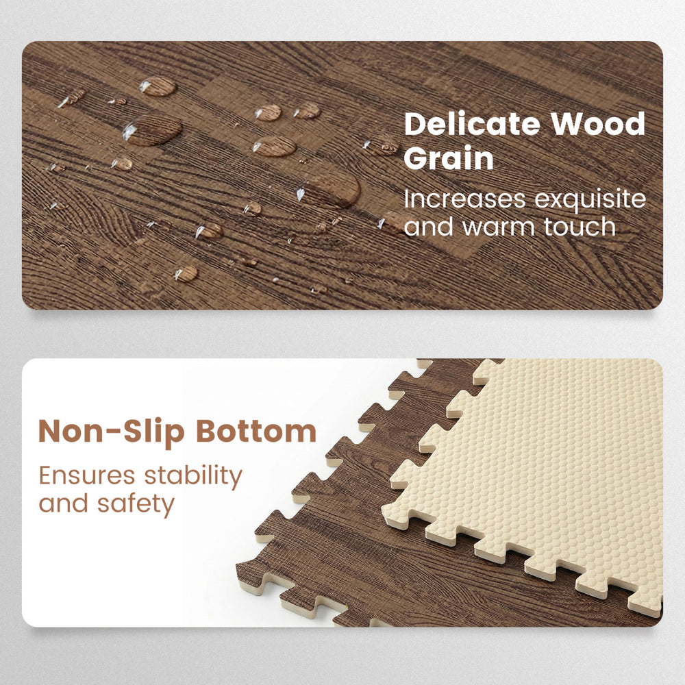 Brown wood grain foam floor mats with non-slip bottom, ensuring stability and a warm touch for any space.