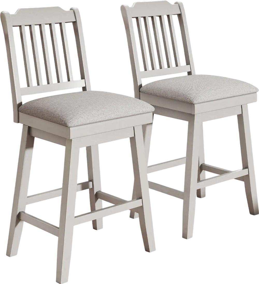 Set of 2 gray modern bar stools with upholstered swivel seats, perfect for kitchen islands and pub settings.