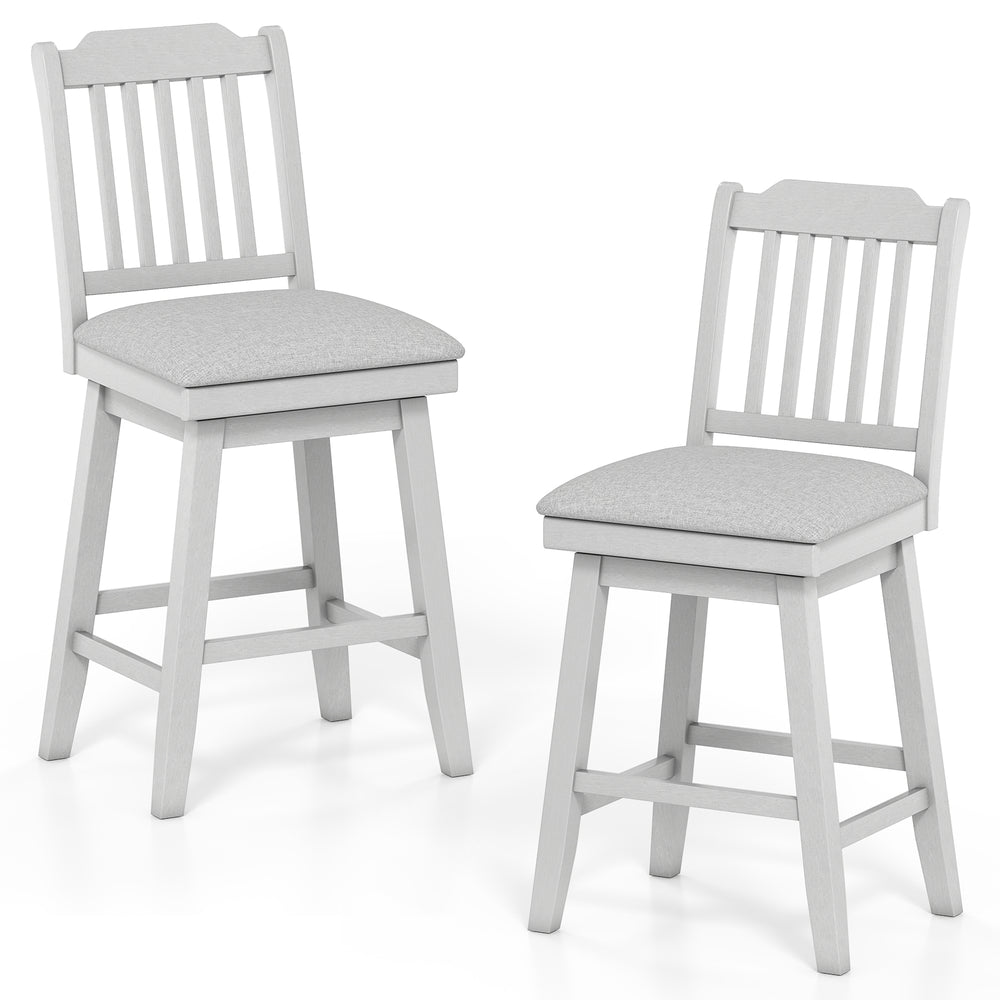 Set of 2 gray 25-inch modern bar stools with upholstered swivel seats and slat backrest for kitchen islands or cafes.