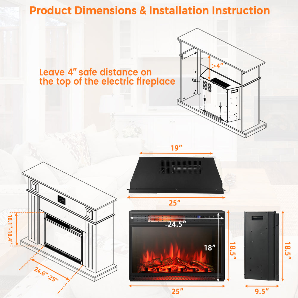Dimensions and installation guide for the 25 inches recessed electric heater with infrared heating options.