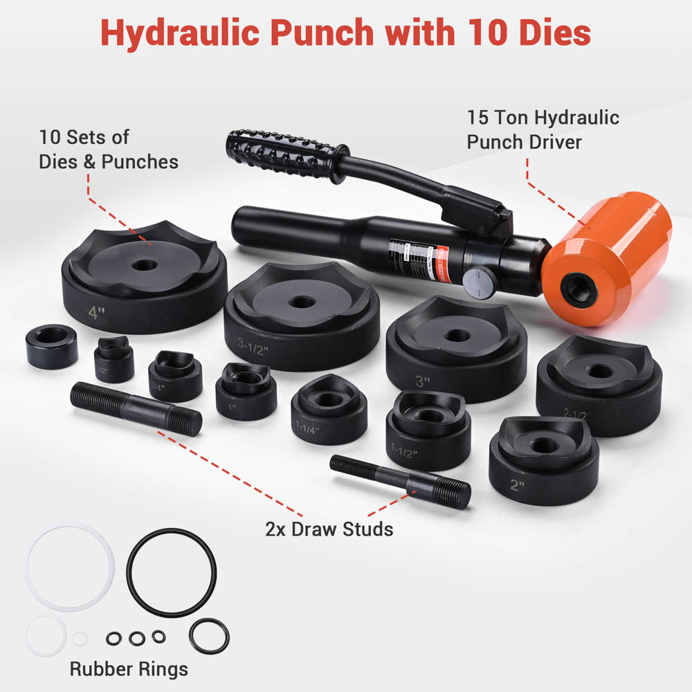 Yescom Hydraulic Hole Punch 15 Ton Heavy Duty Metal Hole Knockout 10-Die New