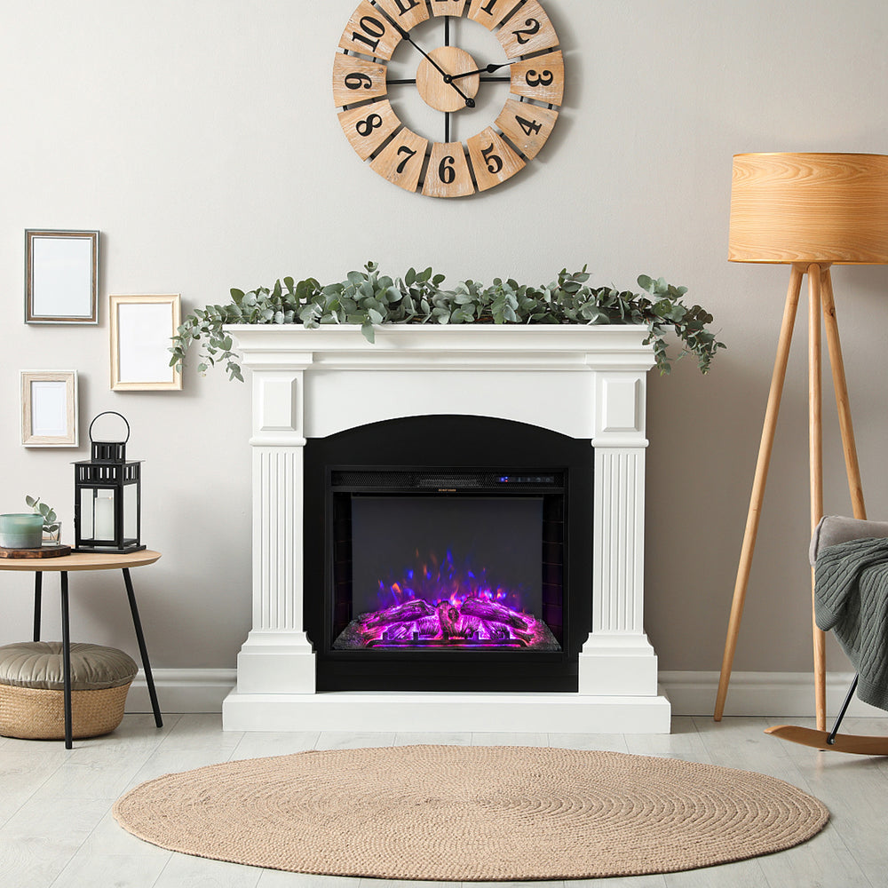 26-inch recessed electric fireplace with adjustable flame brightness and realistic resin logs for cozy home decor.