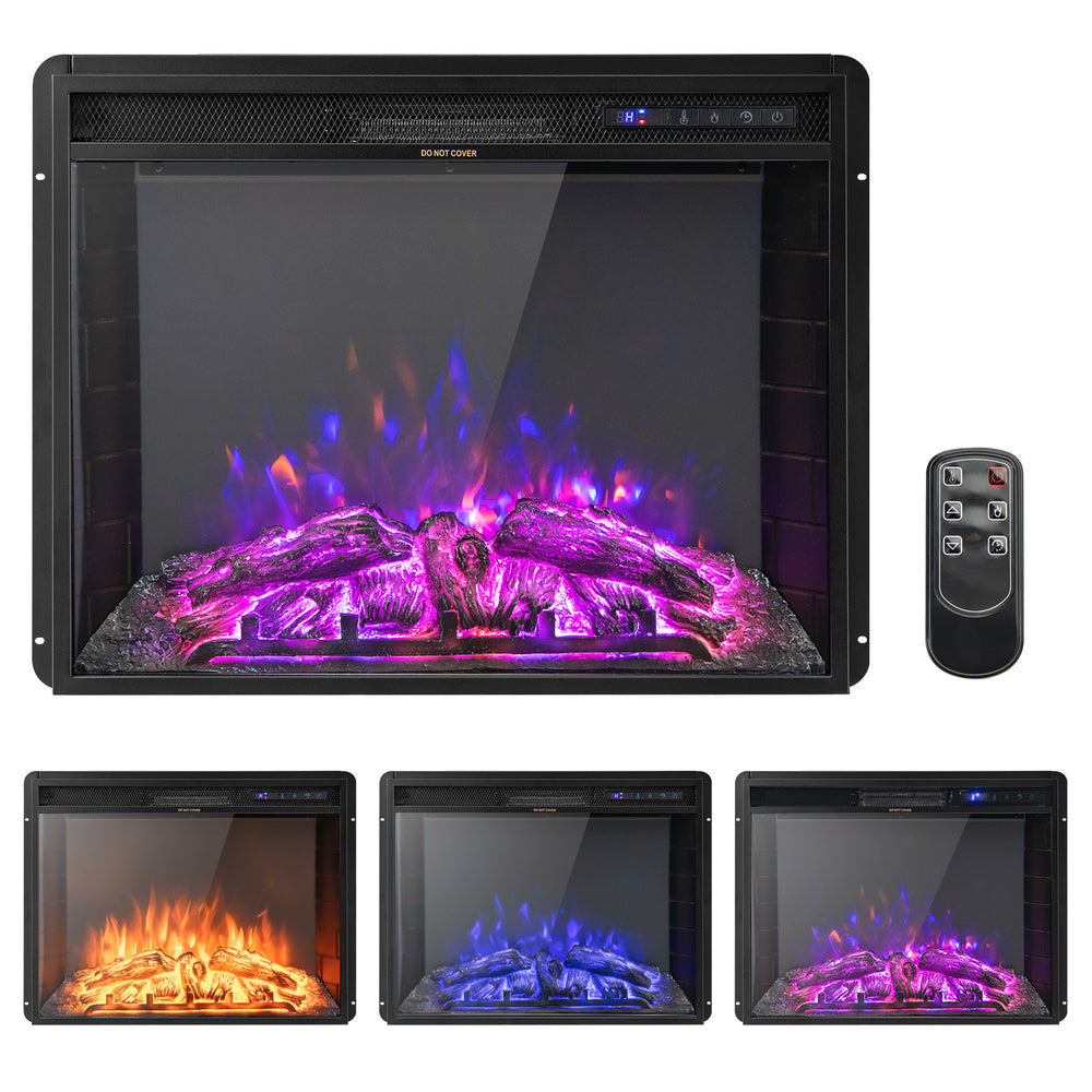 Recessed 26-inch electric fireplace with adjustable flame brightness, featuring 3 colors and remote control for cozy.